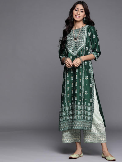Green Printed Chanderi Silk Kurta - ShopLibas