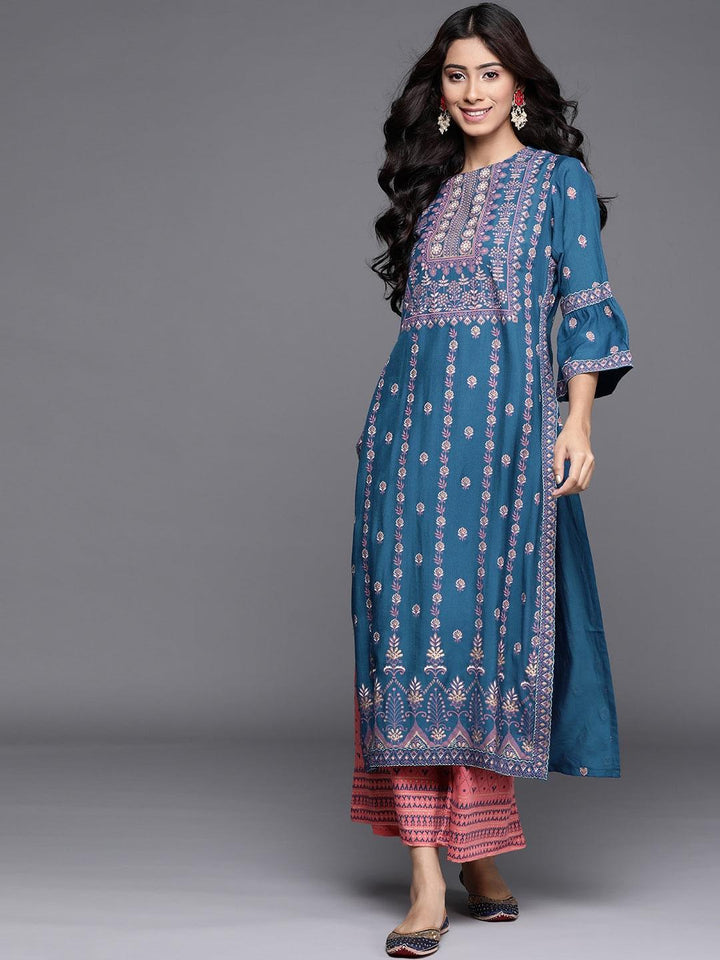 Blue Printed Chanderi Silk Kurta - ShopLibas