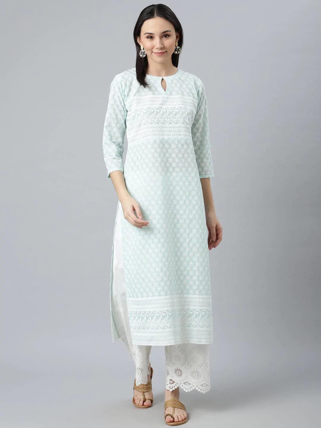 Blue Embroidered Cotton Kurta - ShopLibas