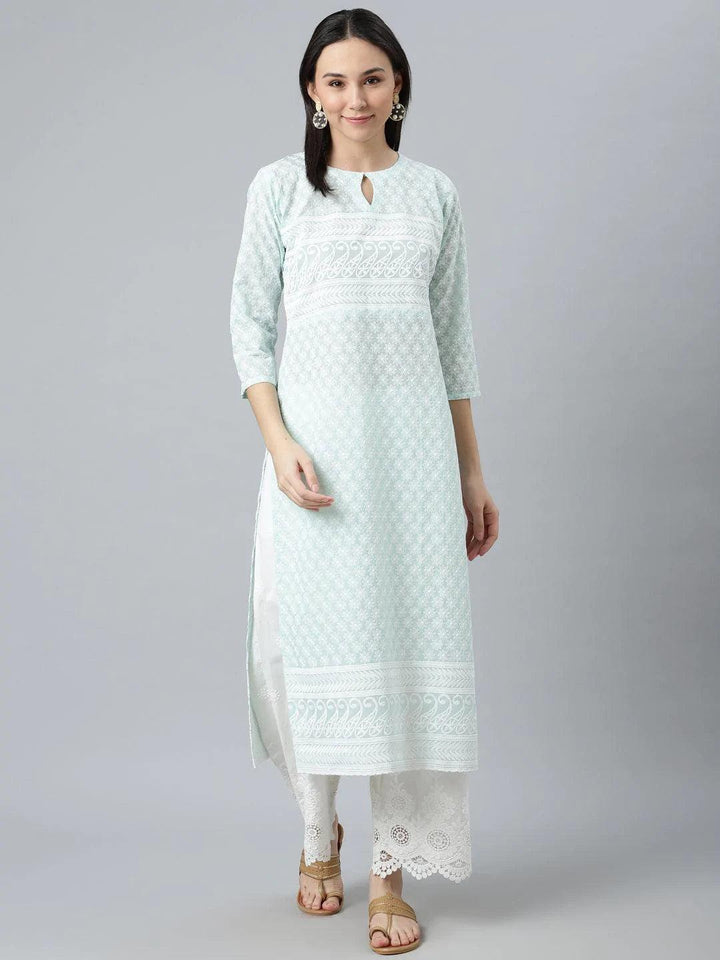 Blue Embroidered Cotton Kurta - ShopLibas