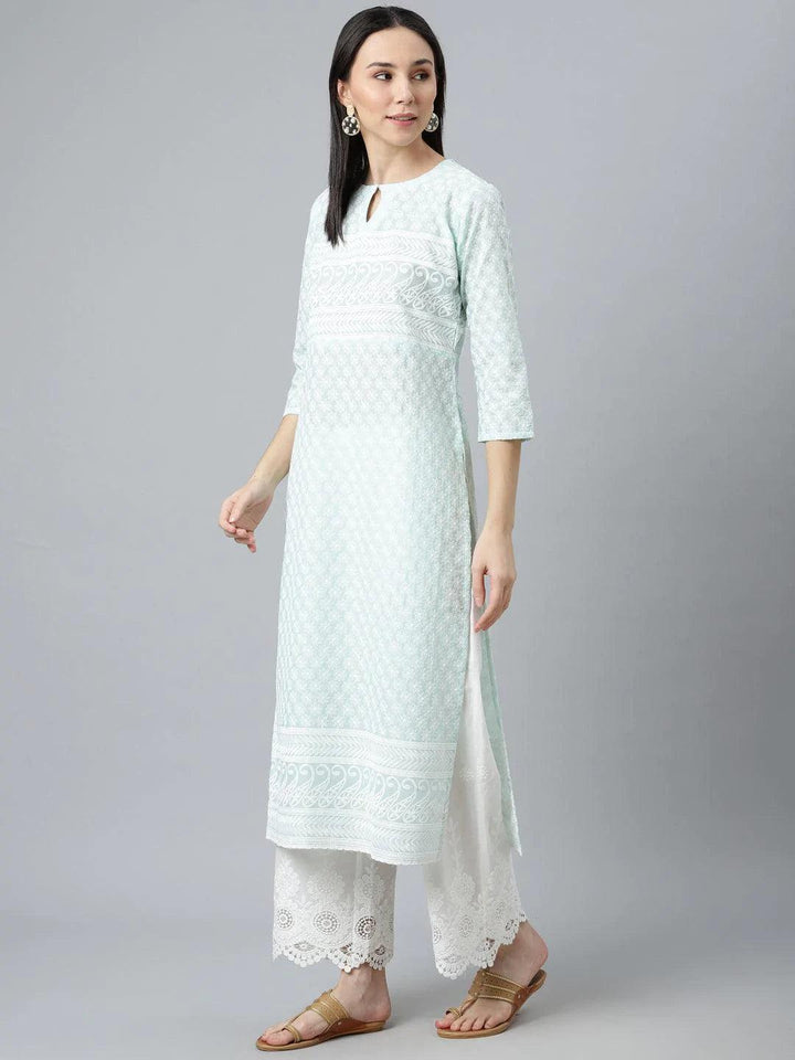 Blue Embroidered Cotton Kurta - ShopLibas