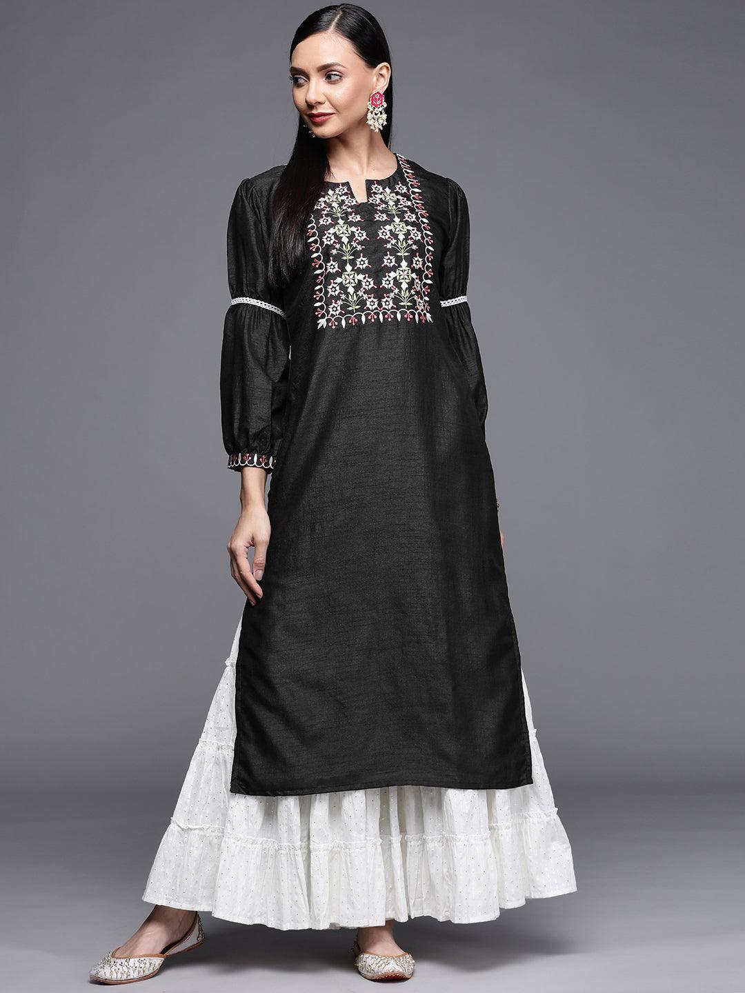Black Embroidered Chanderi Silk Kurta - ShopLibas