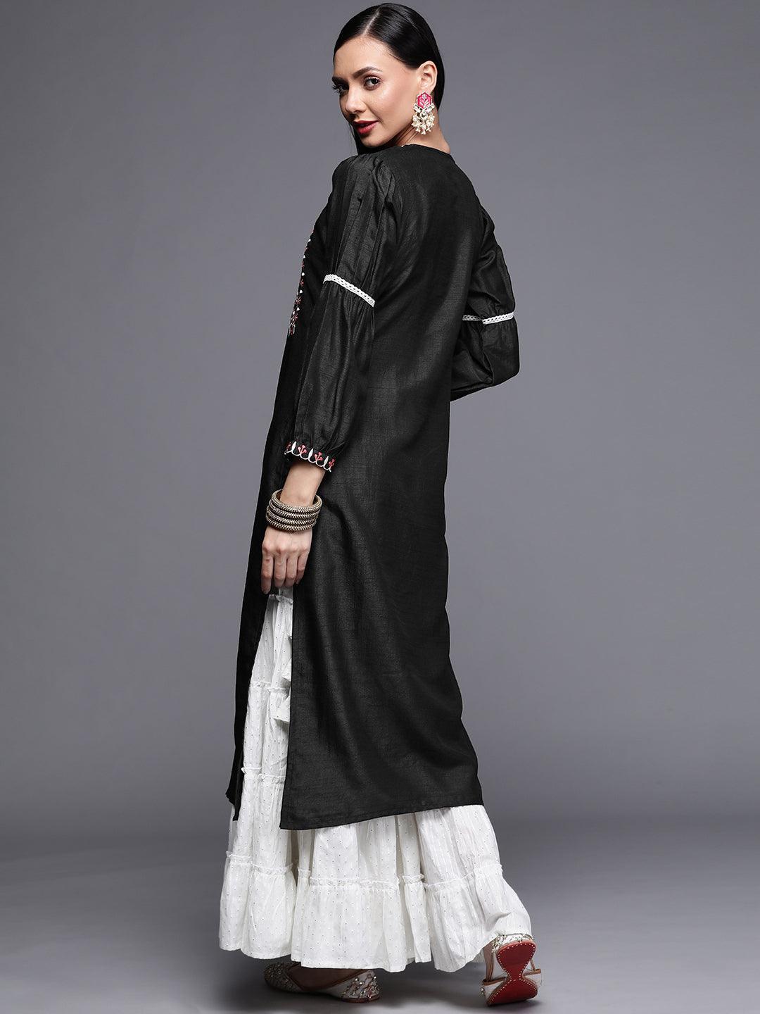 Black Embroidered Chanderi Silk Kurta - ShopLibas