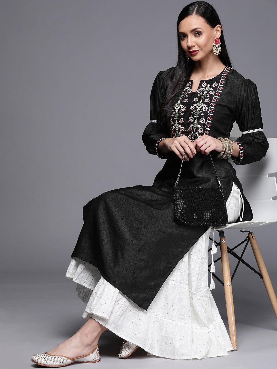 Black Embroidered Chanderi Silk Kurta - ShopLibas