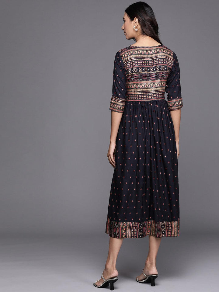 Blue Printed Rayon Dress - ShopLibas