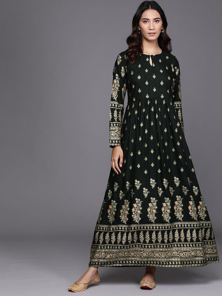 Green Printed Rayon Dress - ShopLibas