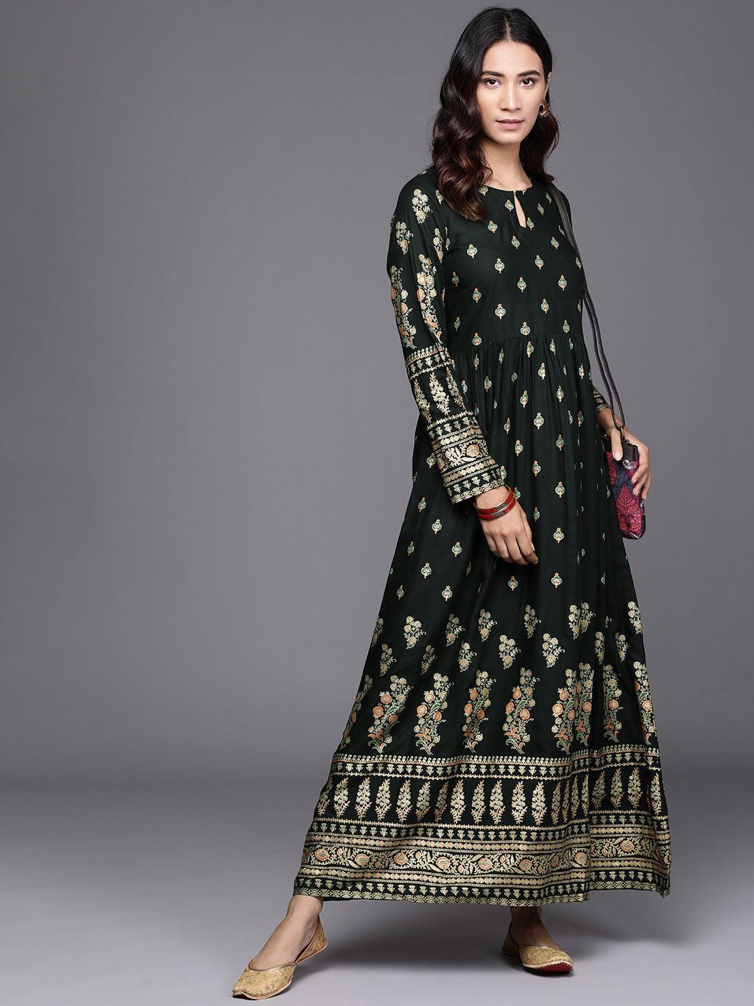 Green Printed Rayon Dress - ShopLibas