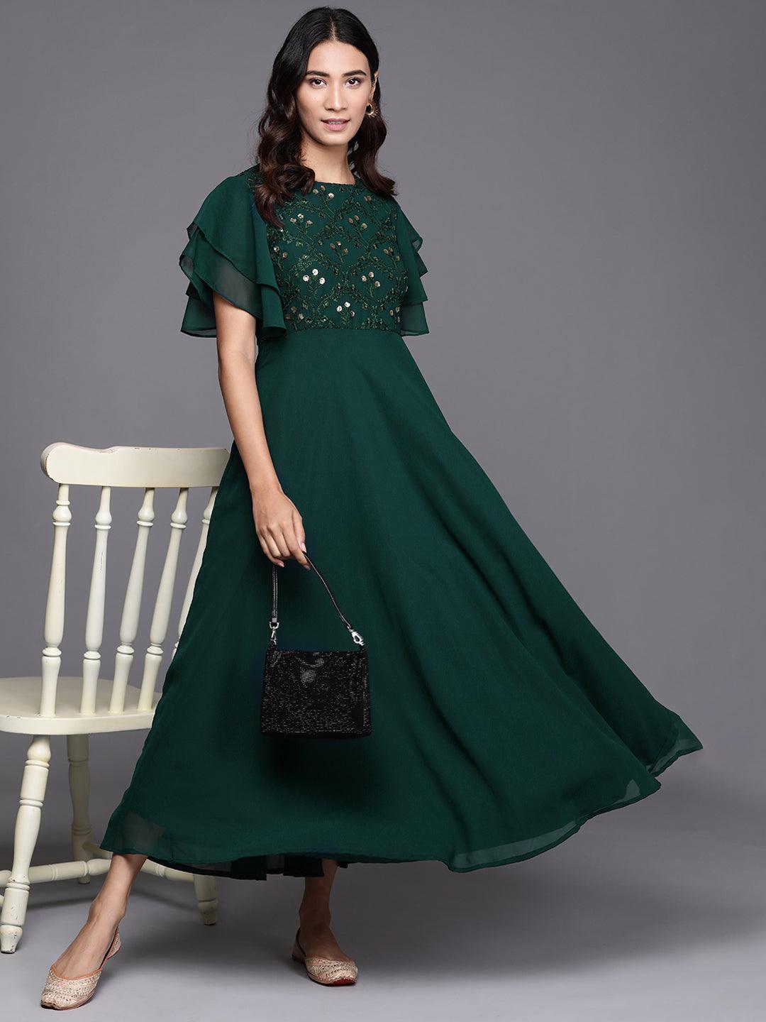 Green Embroidered Georgette Dress - ShopLibas