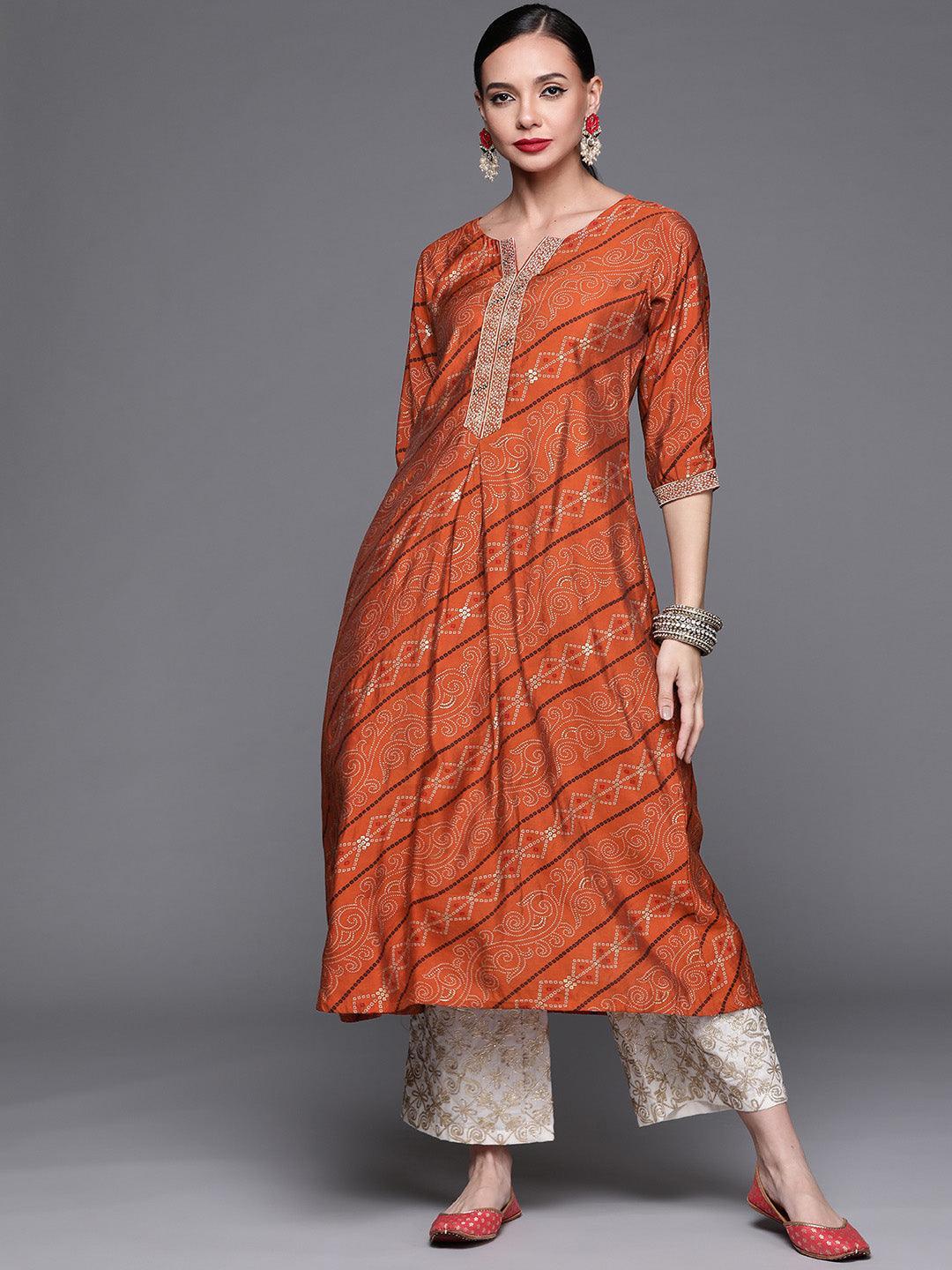 Orange Printed Chanderi Silk Kurta - ShopLibas