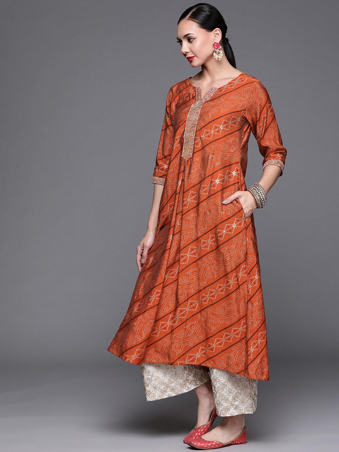 Orange Printed Chanderi Silk Kurta - ShopLibas