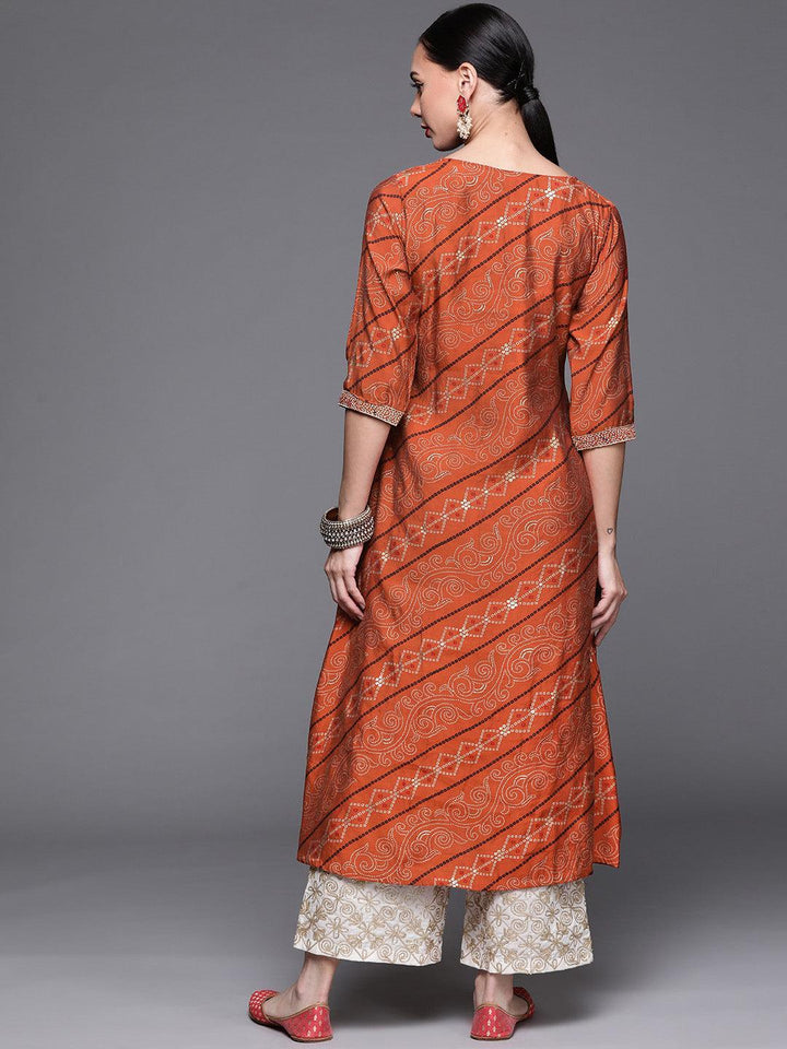 Orange Printed Chanderi Silk Kurta - ShopLibas