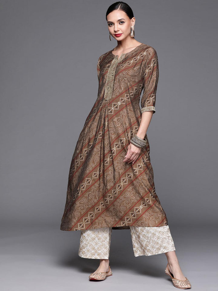 Brown Printed Chanderi Silk Kurta - ShopLibas