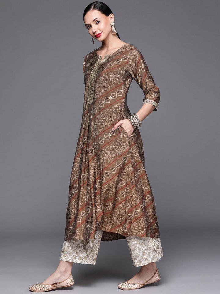 Brown Printed Chanderi Silk Kurta - ShopLibas