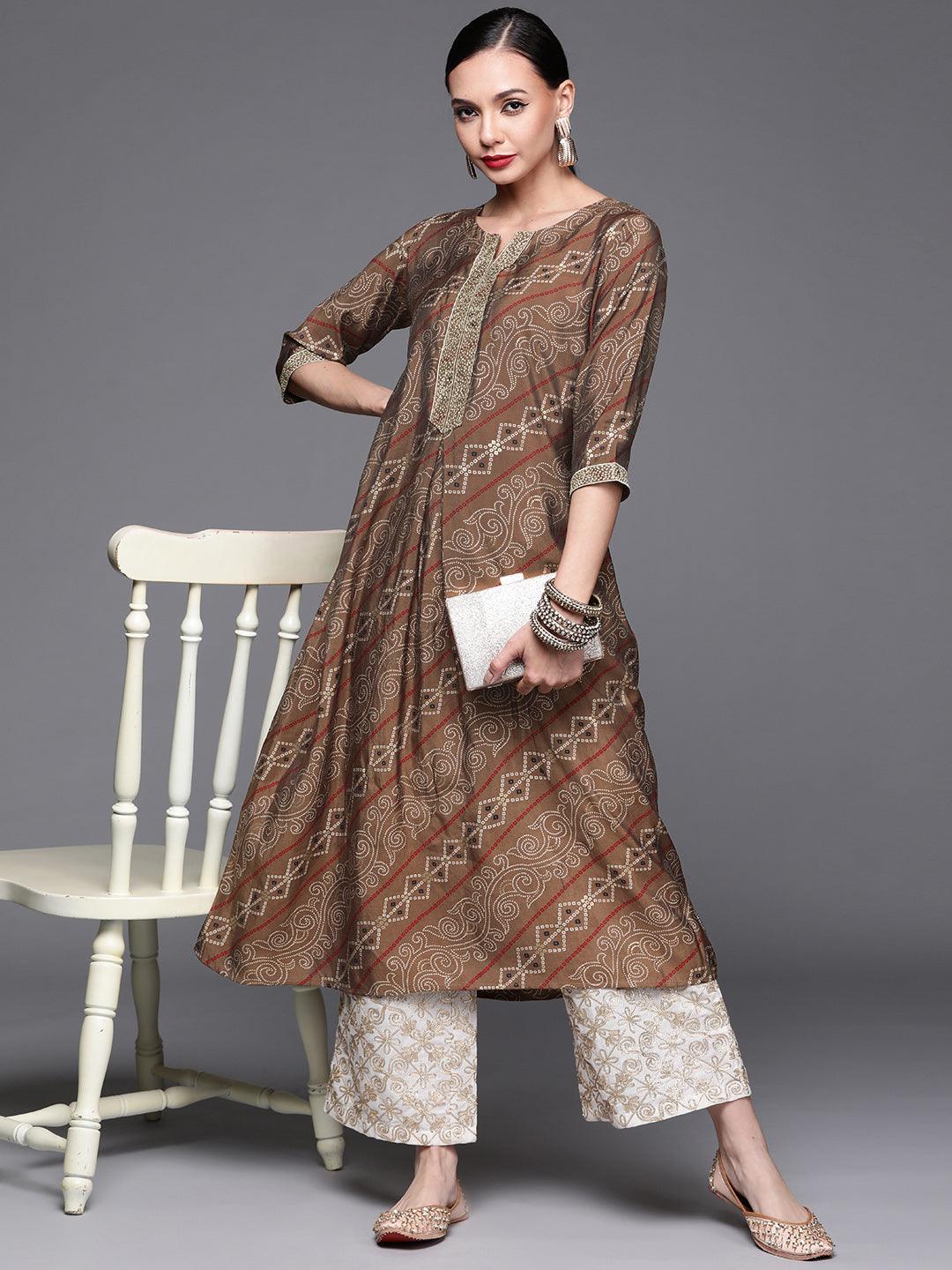 Brown Printed Chanderi Silk Kurta - ShopLibas