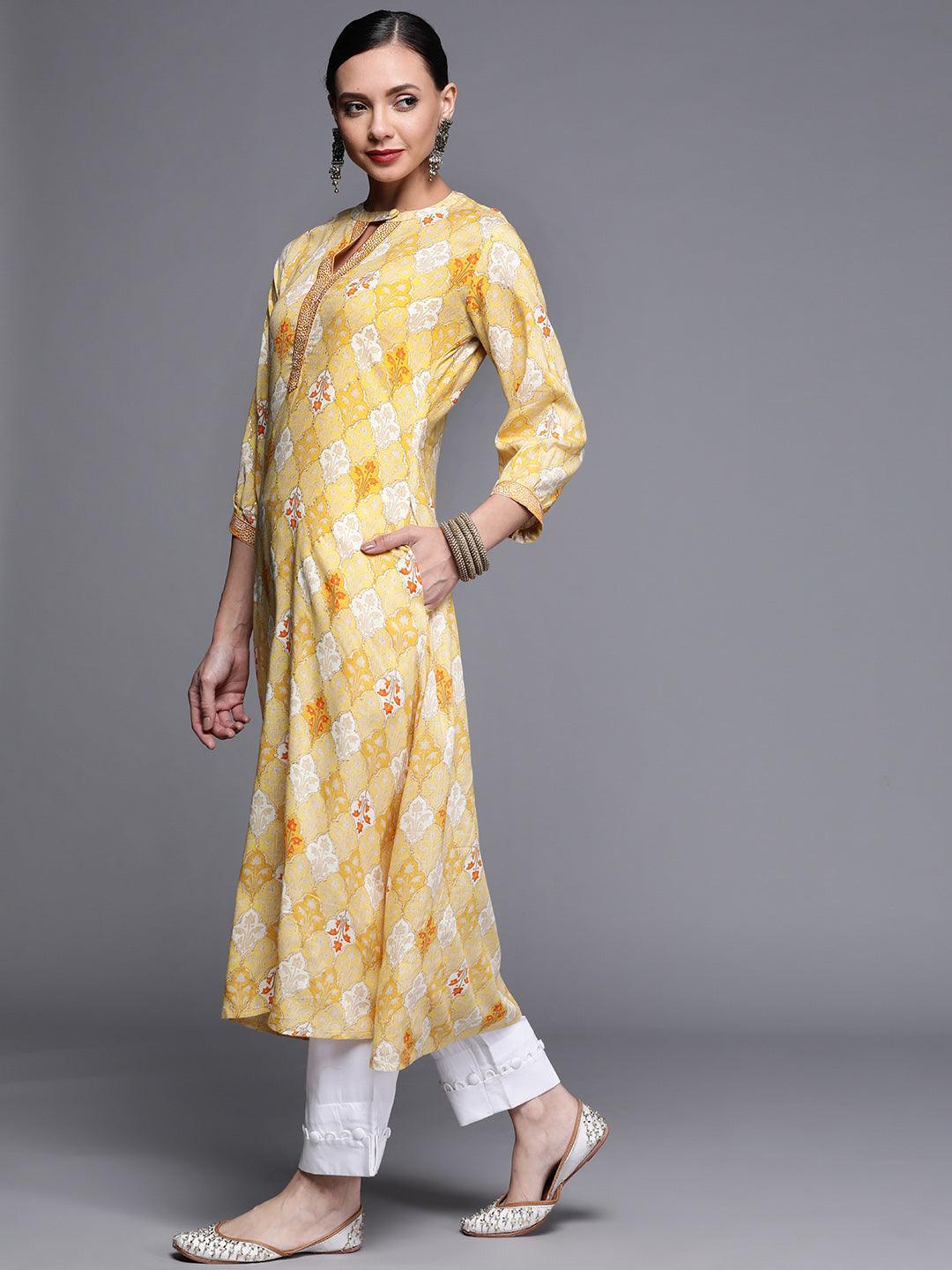 Yellow Printed Rayon Kurta - ShopLibas