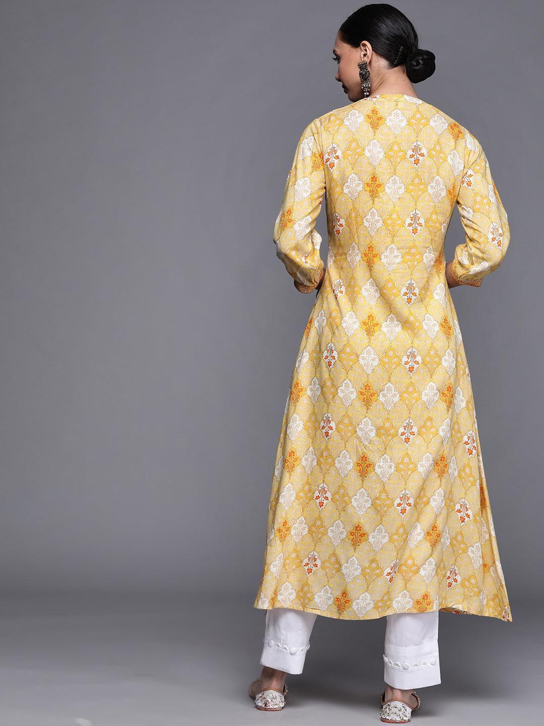 Yellow Printed Rayon Kurta - ShopLibas