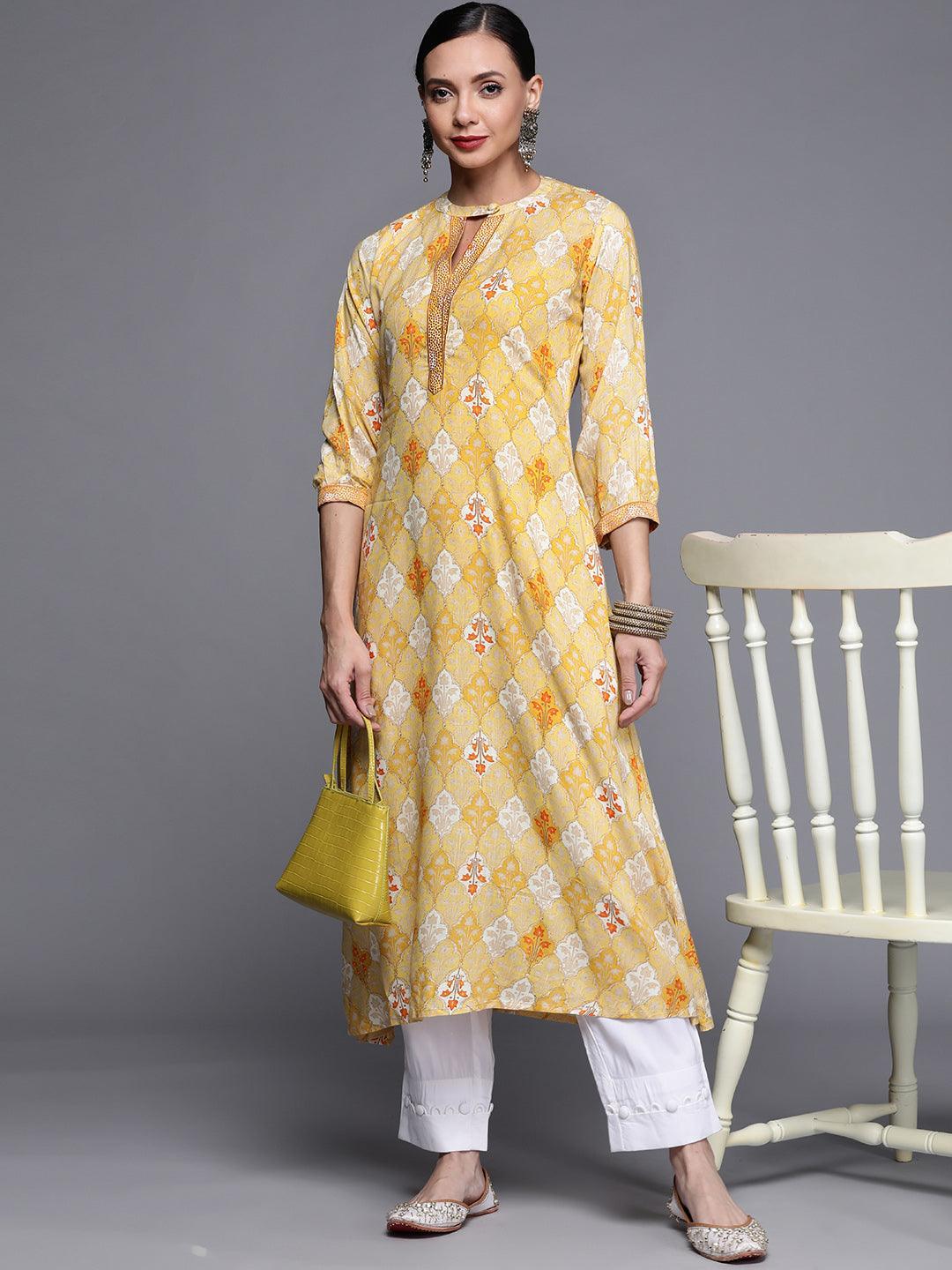 Yellow Printed Rayon Kurta - ShopLibas