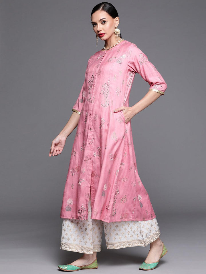 Pink Printed Cotton Silk Kurta - ShopLibas