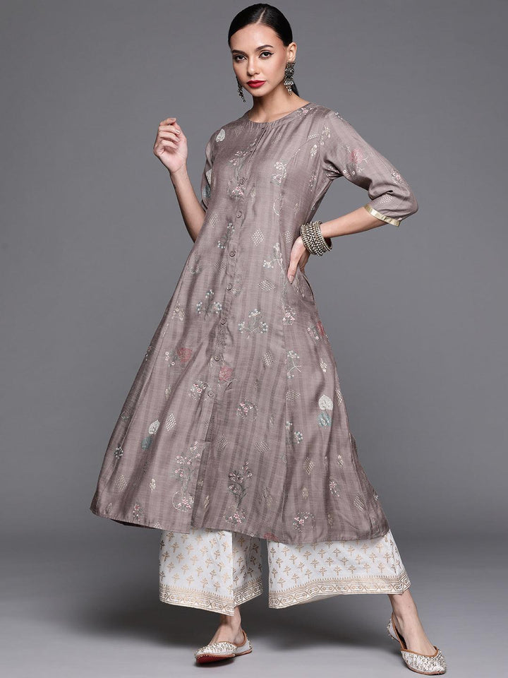 Grey Printed Cotton Silk Kurta - ShopLibas