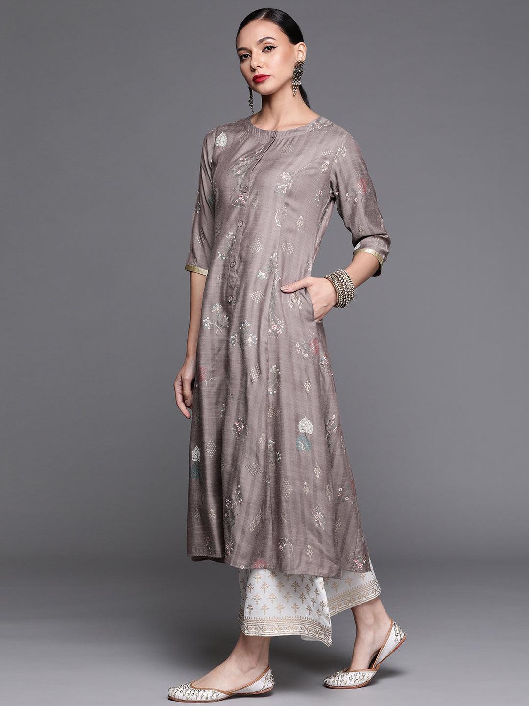 Grey Printed Cotton Silk Kurta - ShopLibas