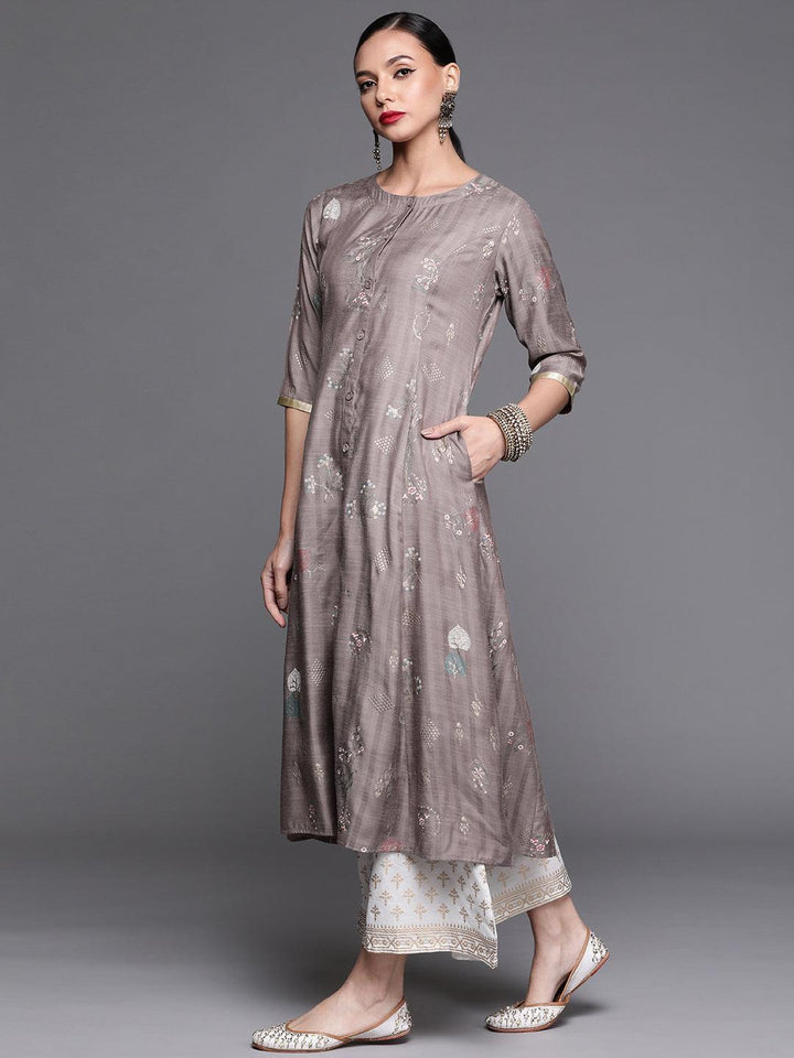 Grey Printed Cotton Silk Kurta - ShopLibas