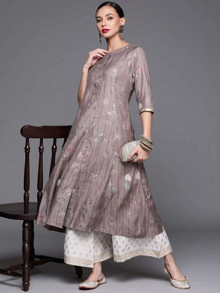Grey Printed Cotton Silk Kurta - ShopLibas
