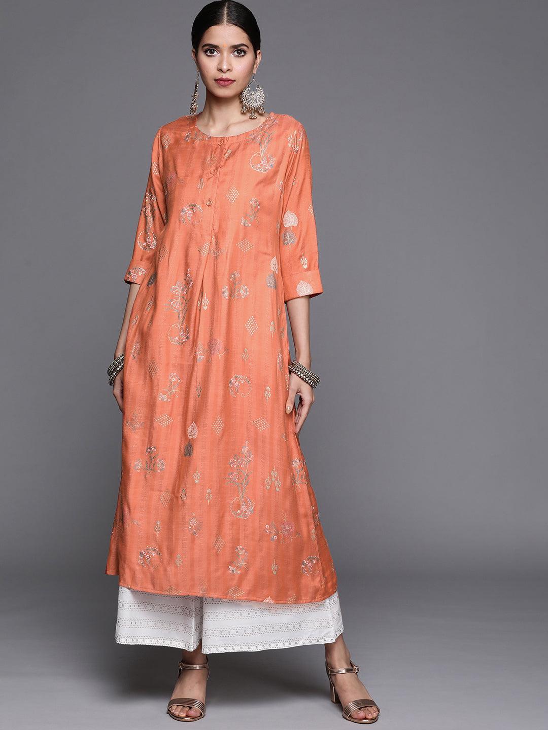 Orange Printed Cotton Silk Kurta - ShopLibas
