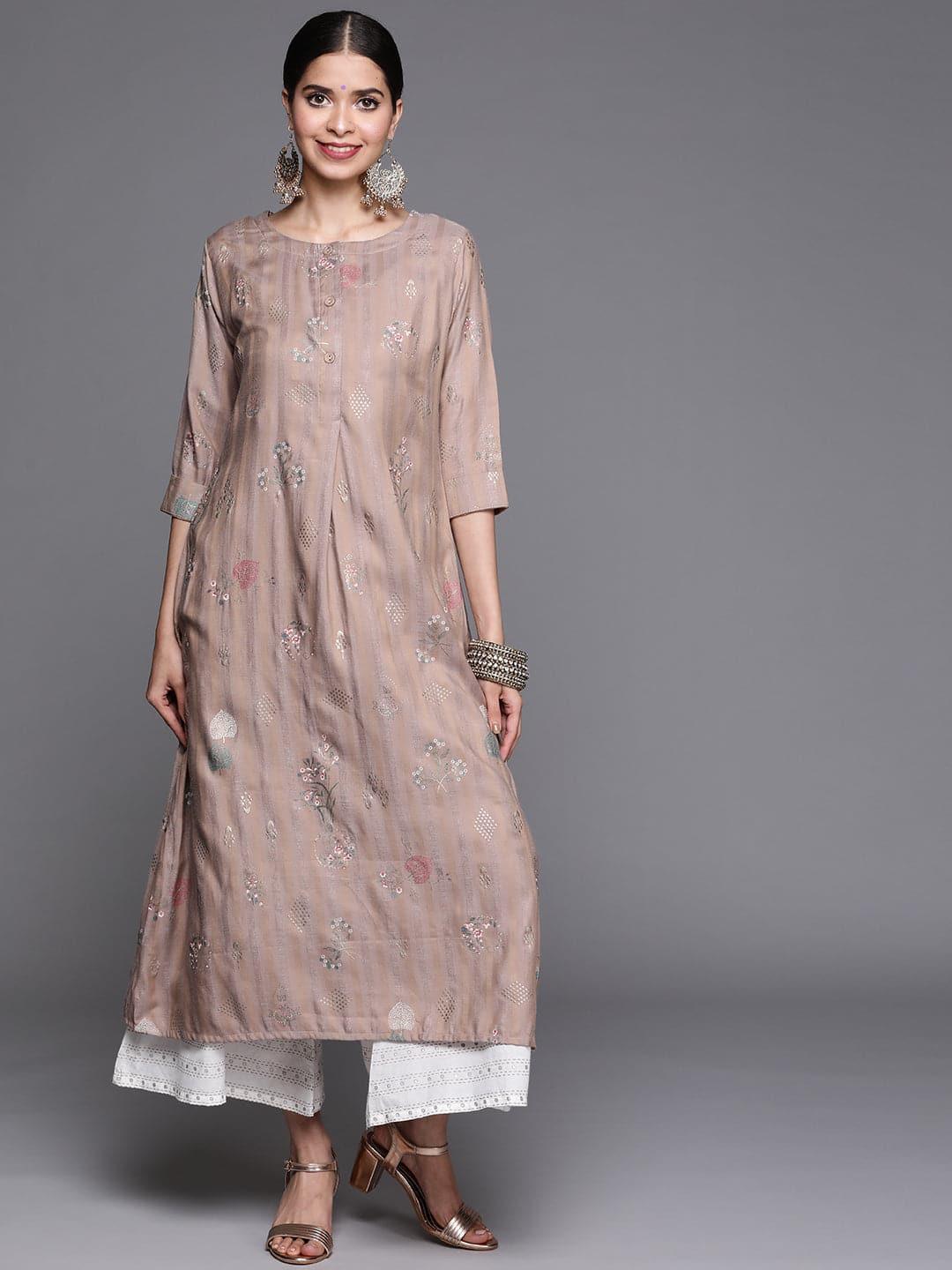 Beige Printed Cotton Silk Kurta - ShopLibas