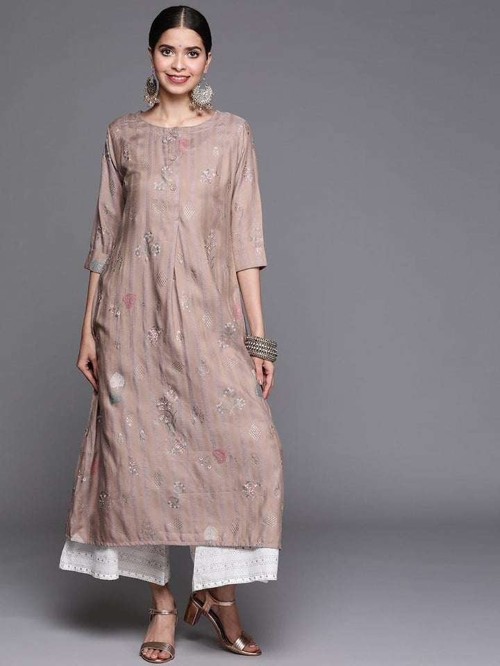 Beige Printed Cotton Silk Kurta - ShopLibas