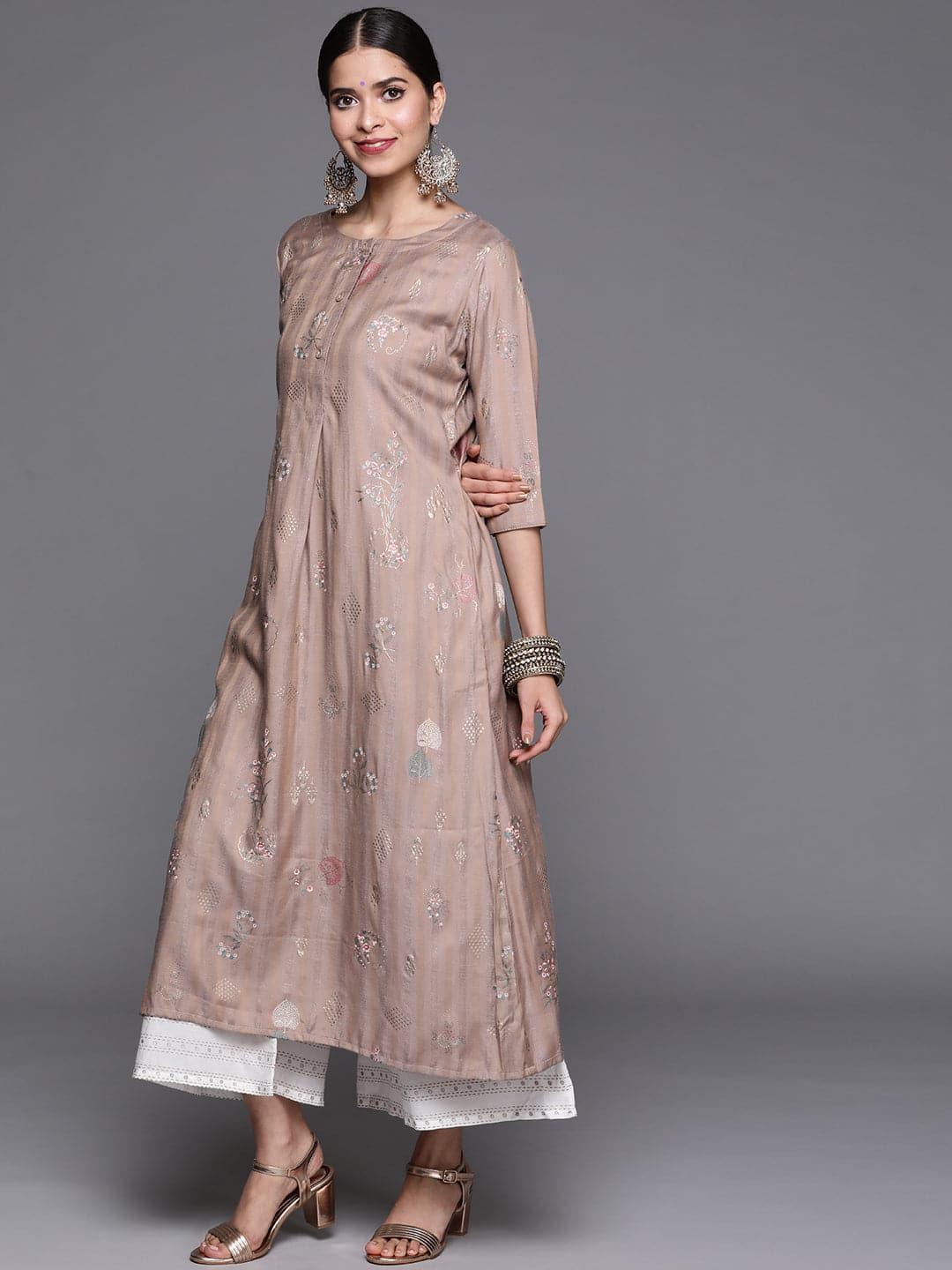 Beige Printed Cotton Silk Kurta - ShopLibas