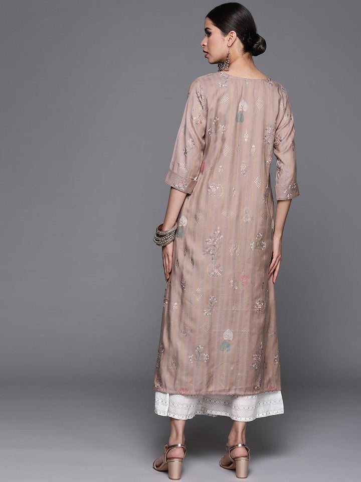 Beige Printed Cotton Silk Kurta - ShopLibas