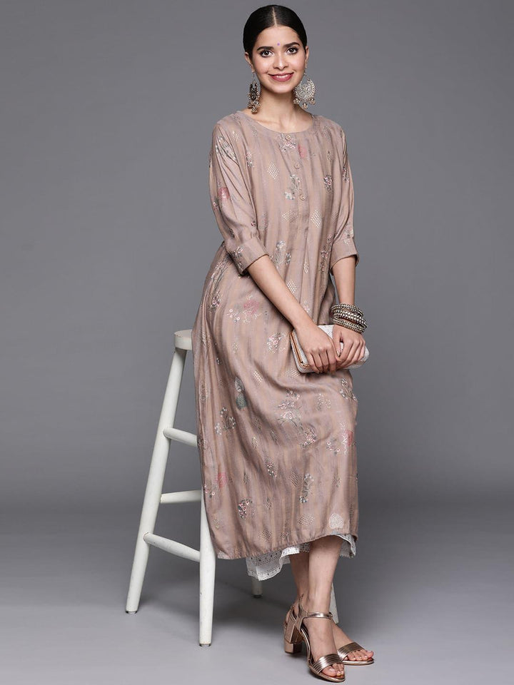 Beige Printed Cotton Silk Kurta - ShopLibas