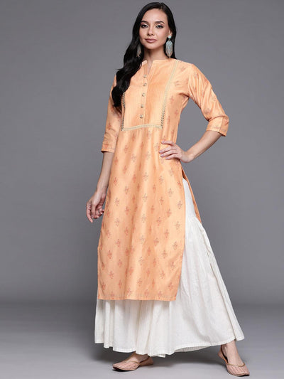 Orange Printed Chanderi Silk Kurta - ShopLibas