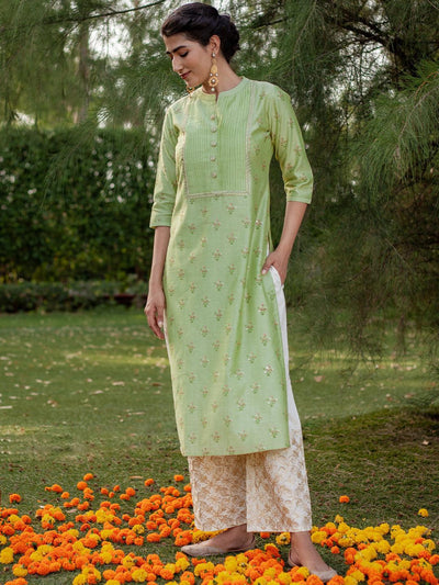Green Printed Chanderi Silk Kurta - ShopLibas
