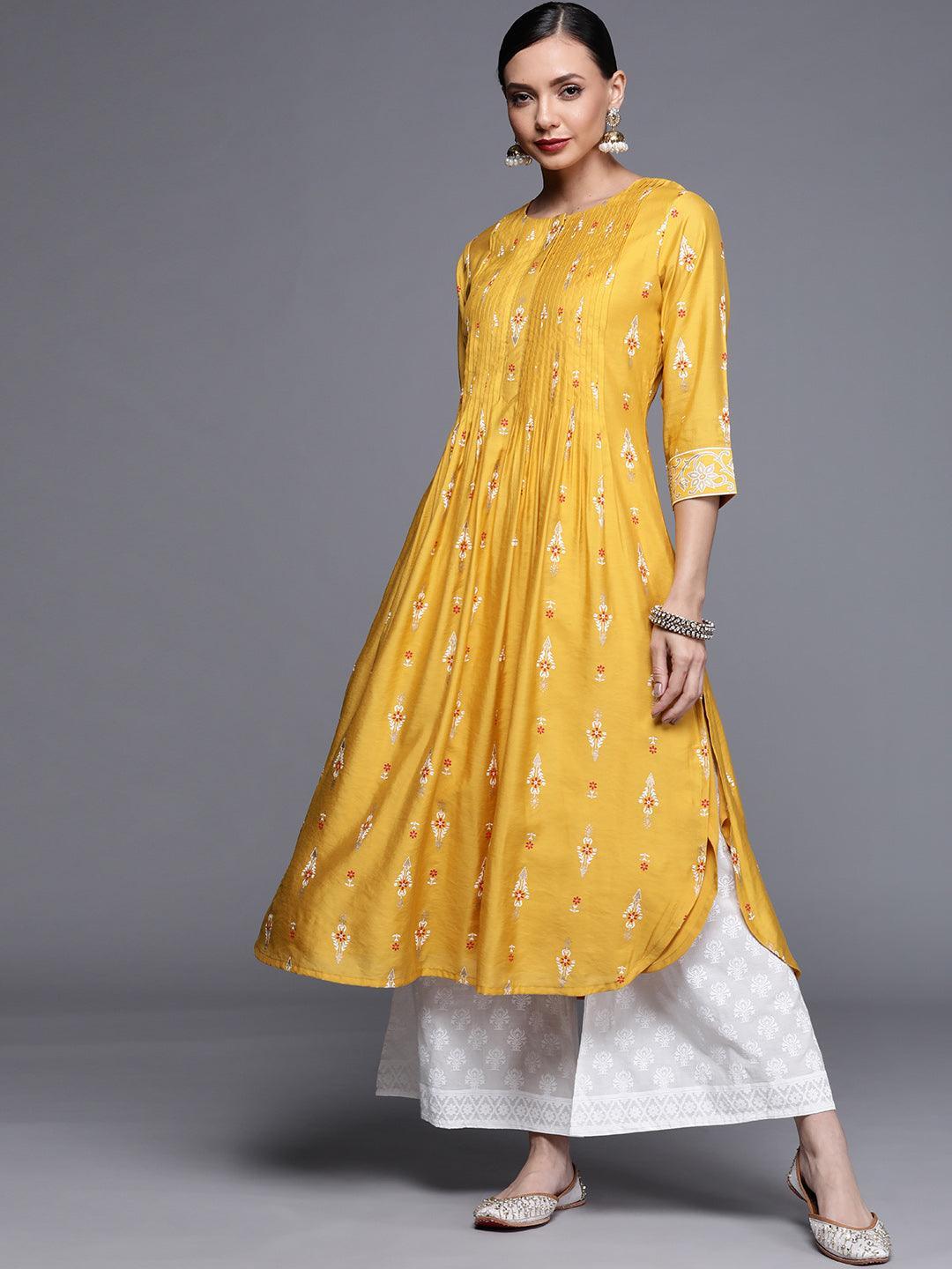 Yellow Printed Chanderi Silk Kurta - ShopLibas