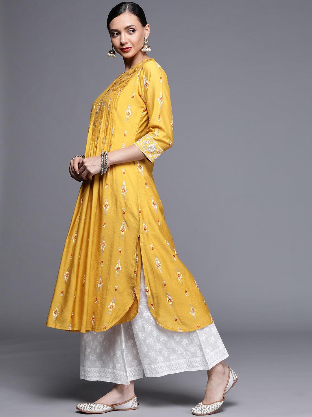 Yellow Printed Chanderi Silk Kurta - ShopLibas