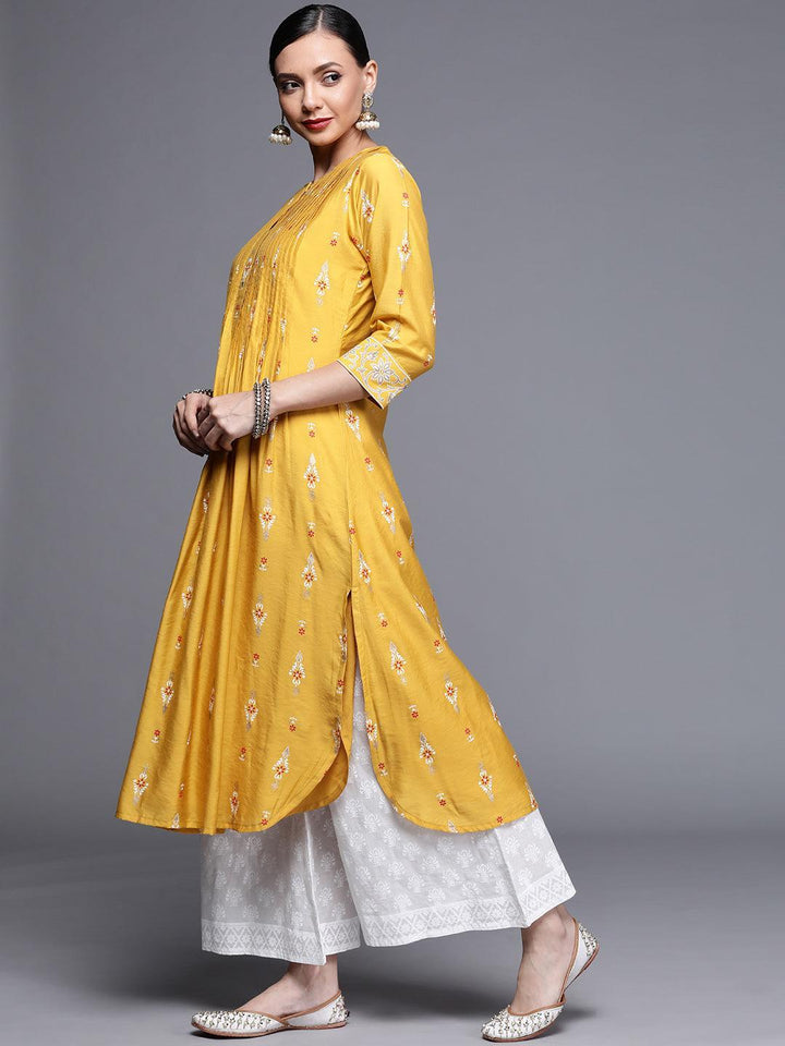 Yellow Printed Chanderi Silk Kurta - ShopLibas