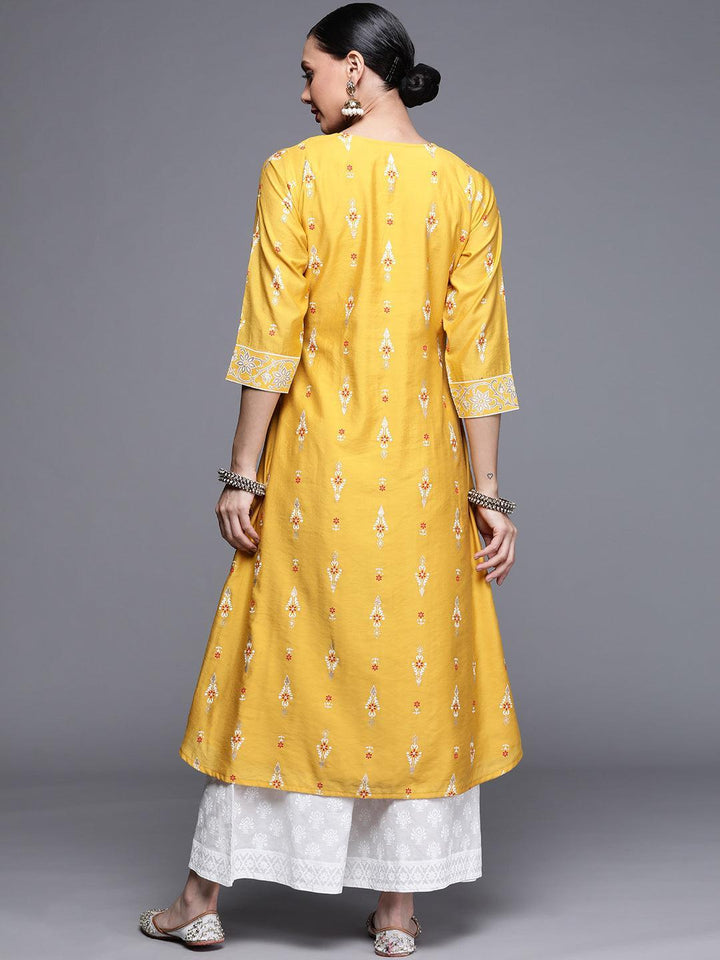 Yellow Printed Chanderi Silk Kurta - ShopLibas