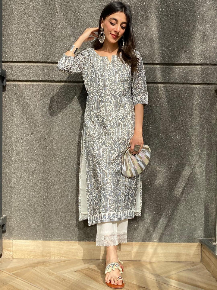 Grey Printed Chanderi Silk Kurta - ShopLibas