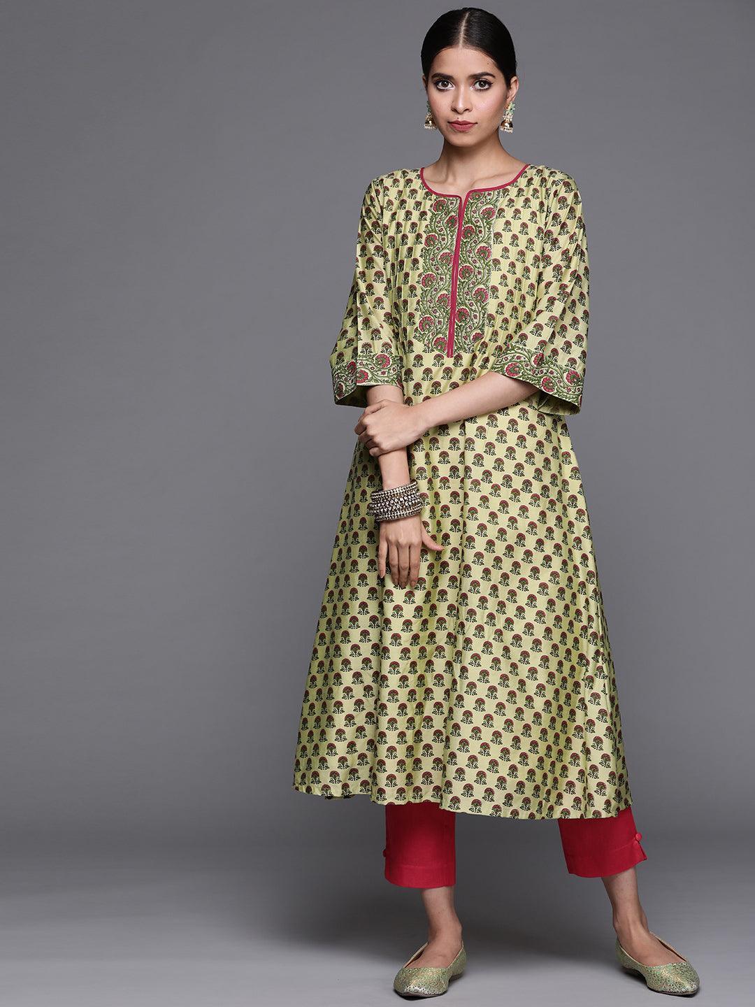 Green Printed Chanderi Silk Kurta - ShopLibas