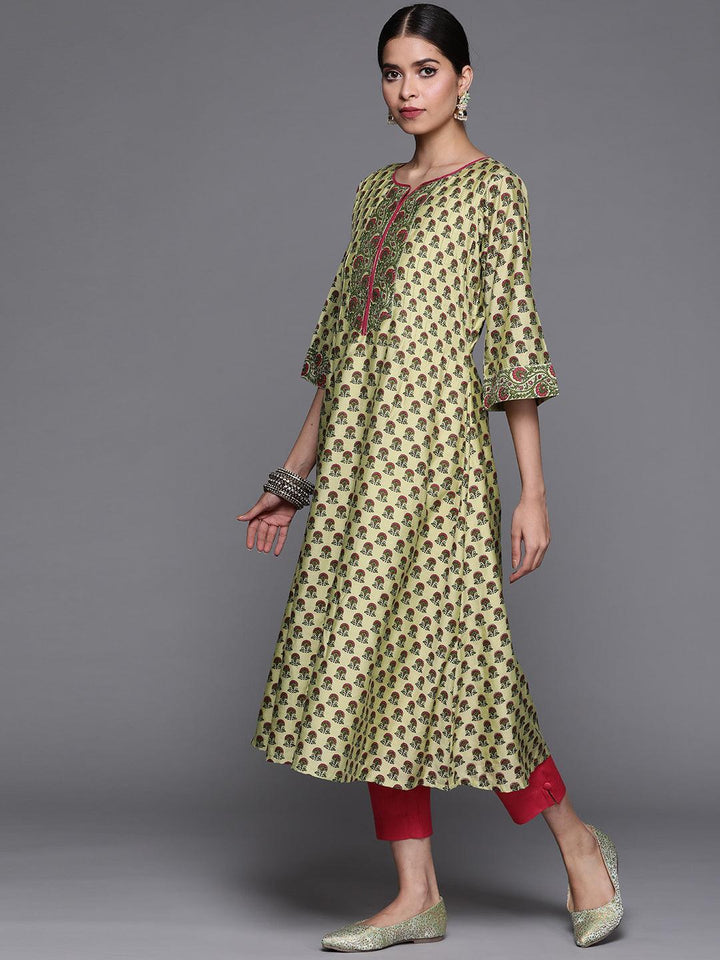 Green Printed Chanderi Silk Kurta - ShopLibas