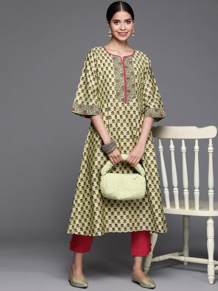 Green Printed Chanderi Silk Kurta - ShopLibas