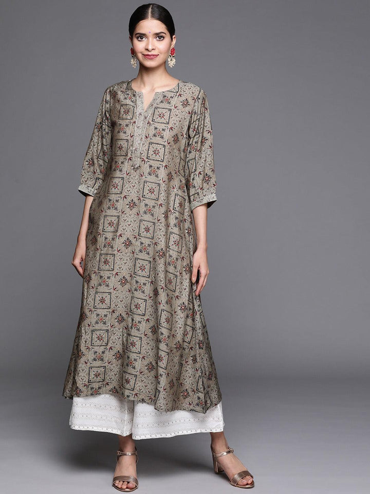 Grey Printed Chanderi Silk Kurta - ShopLibas