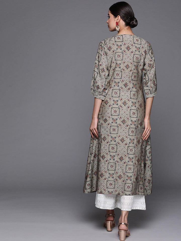 Grey Printed Chanderi Silk Kurta - ShopLibas