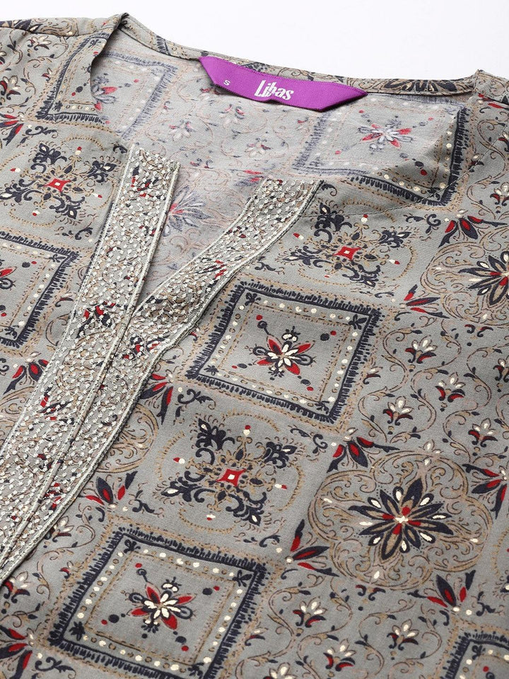 Grey Printed Chanderi Silk Kurta - ShopLibas