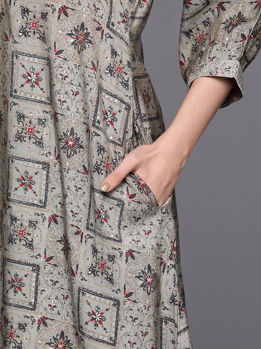 Grey Printed Chanderi Silk Kurta - ShopLibas