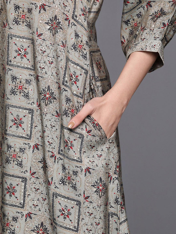 Grey Printed Chanderi Silk Kurta - ShopLibas