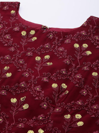 Maroon Embroidered Georgette Dress - ShopLibas