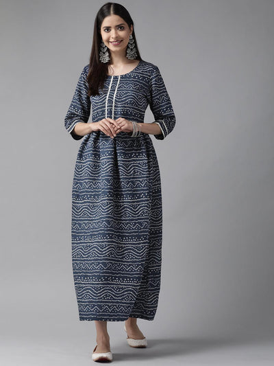 Blue Printed Silk Blend Maxi Dress - ShopLibas