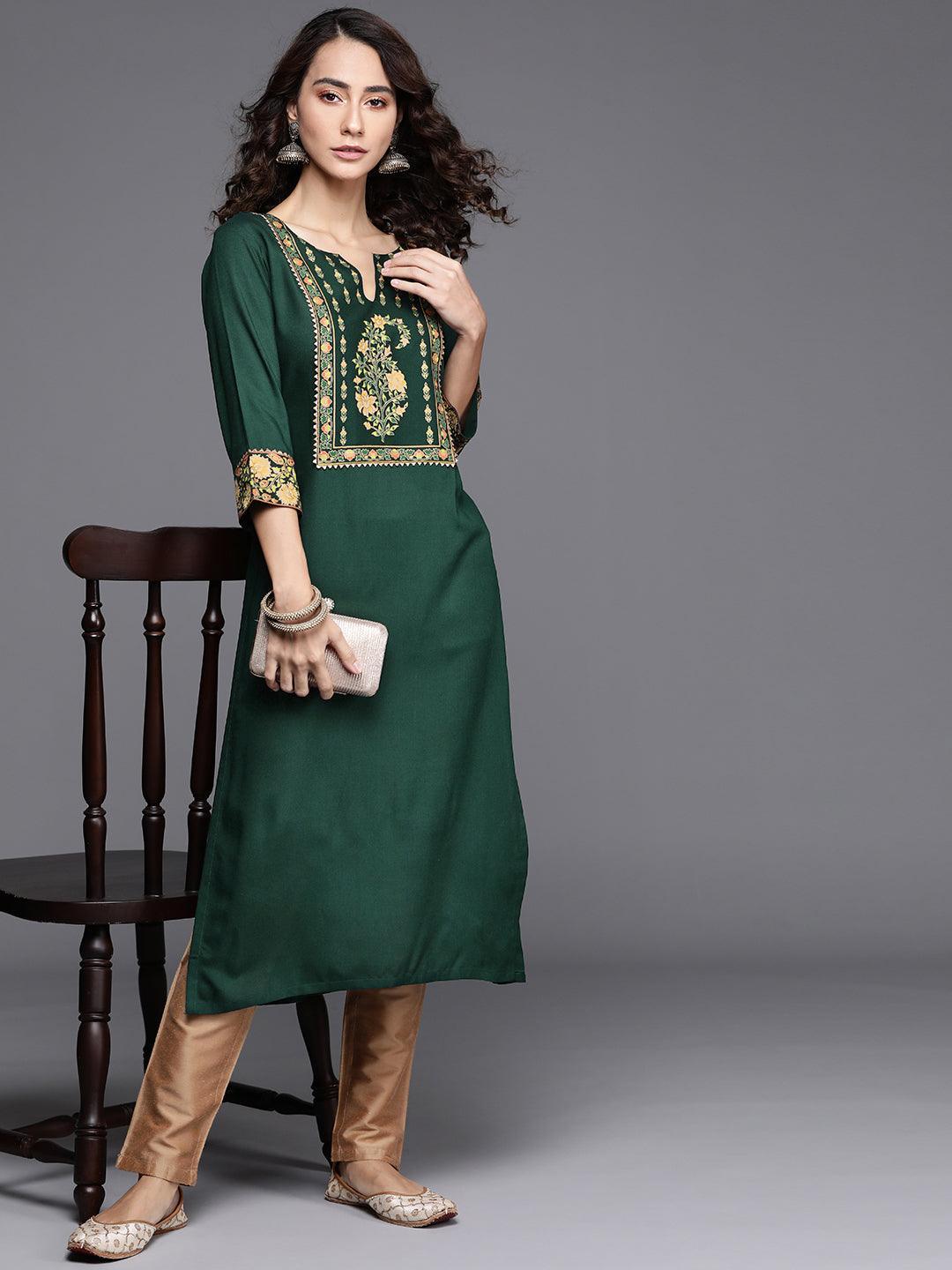 Green Printed Rayon Kurta - ShopLibas 